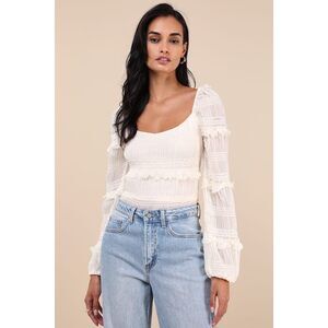 Lulus Ideal Charisma Ivory Textured Long Sleeve Top White - Size M